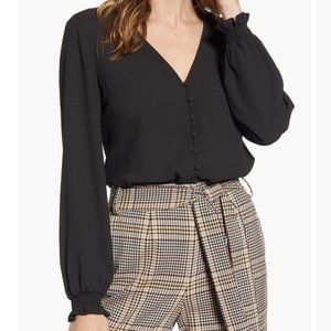 1. State Womens Blouse V-Neck Ruffle Sleeves Button Front Black Size Medium